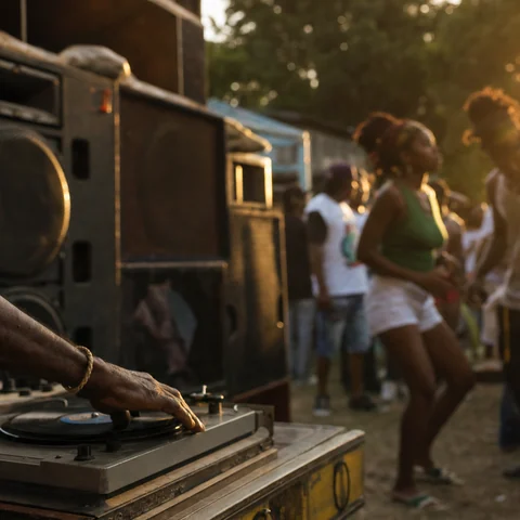 Sound system and dancers at golden hour