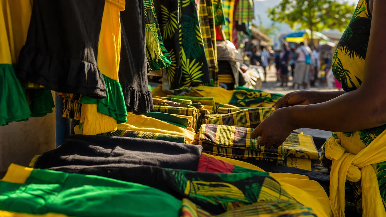 Traditional Jamaican clothing on a market stall